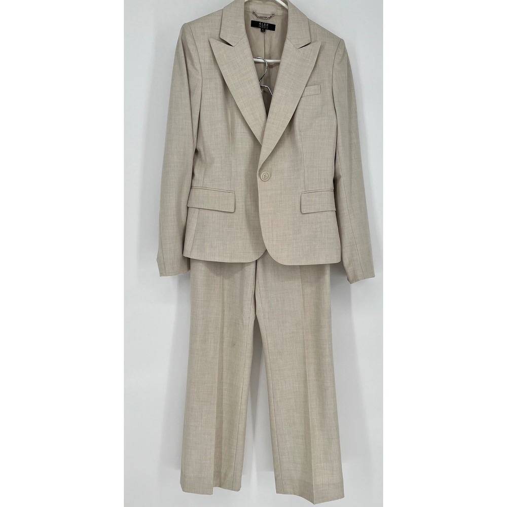 ALEX MARIE Pant Suit Beige Two Piece Blazer 8 Trousers 6 Stretch Professional